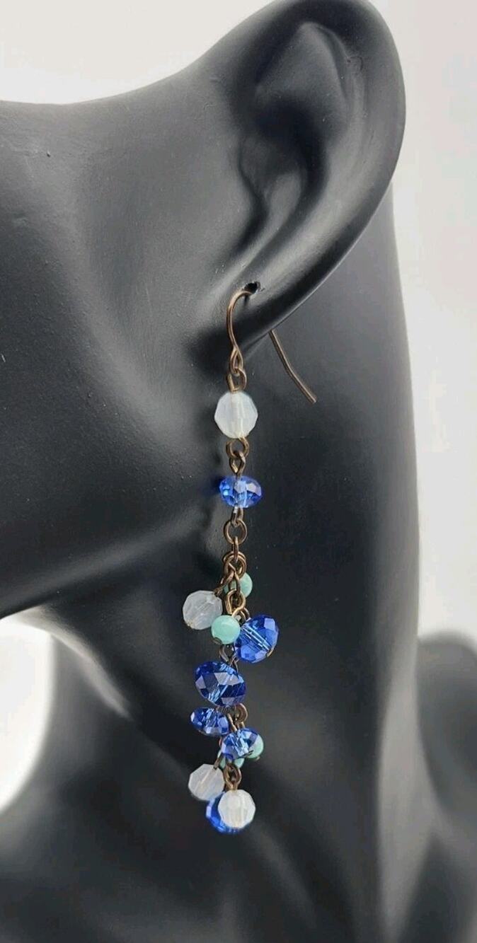 Blue White Turquoise Beaded Dangle Earrings Bronze Tone Cluster Hook Earrings